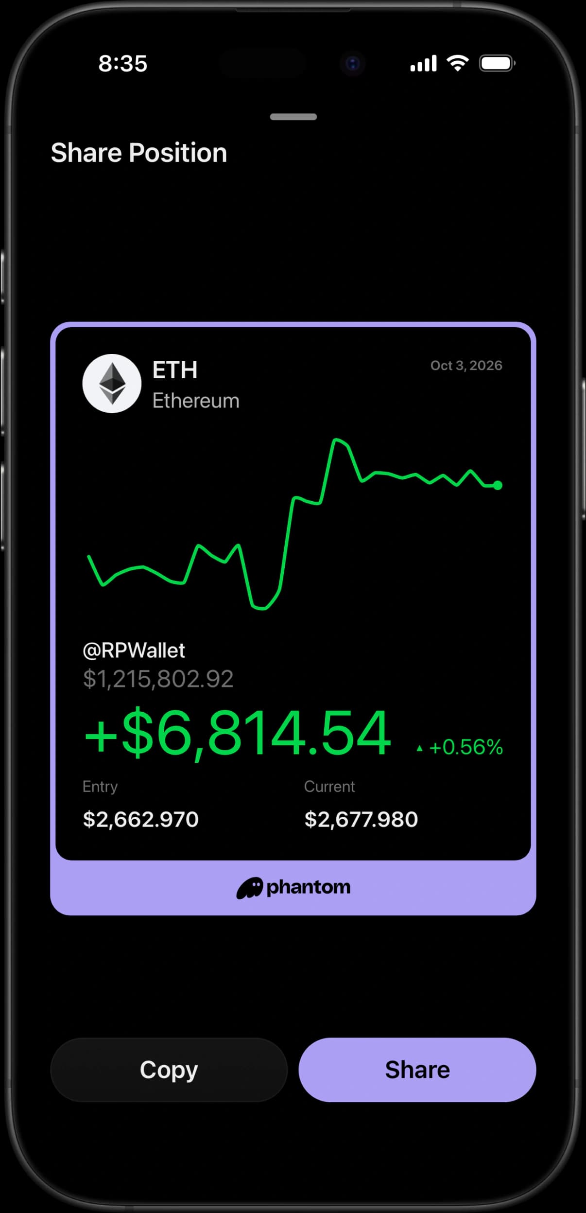 Phantom simulator Share Position screen with an Ethereum performance card
