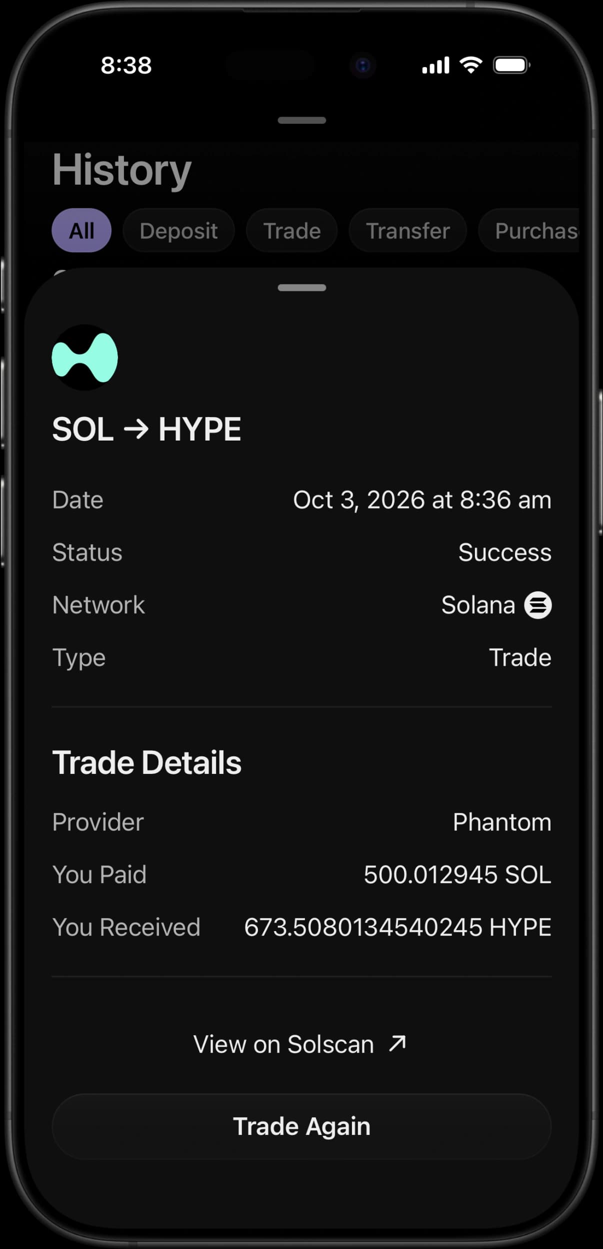 Phantom simulator history showing the details of a simulated SOL to HYPE trade