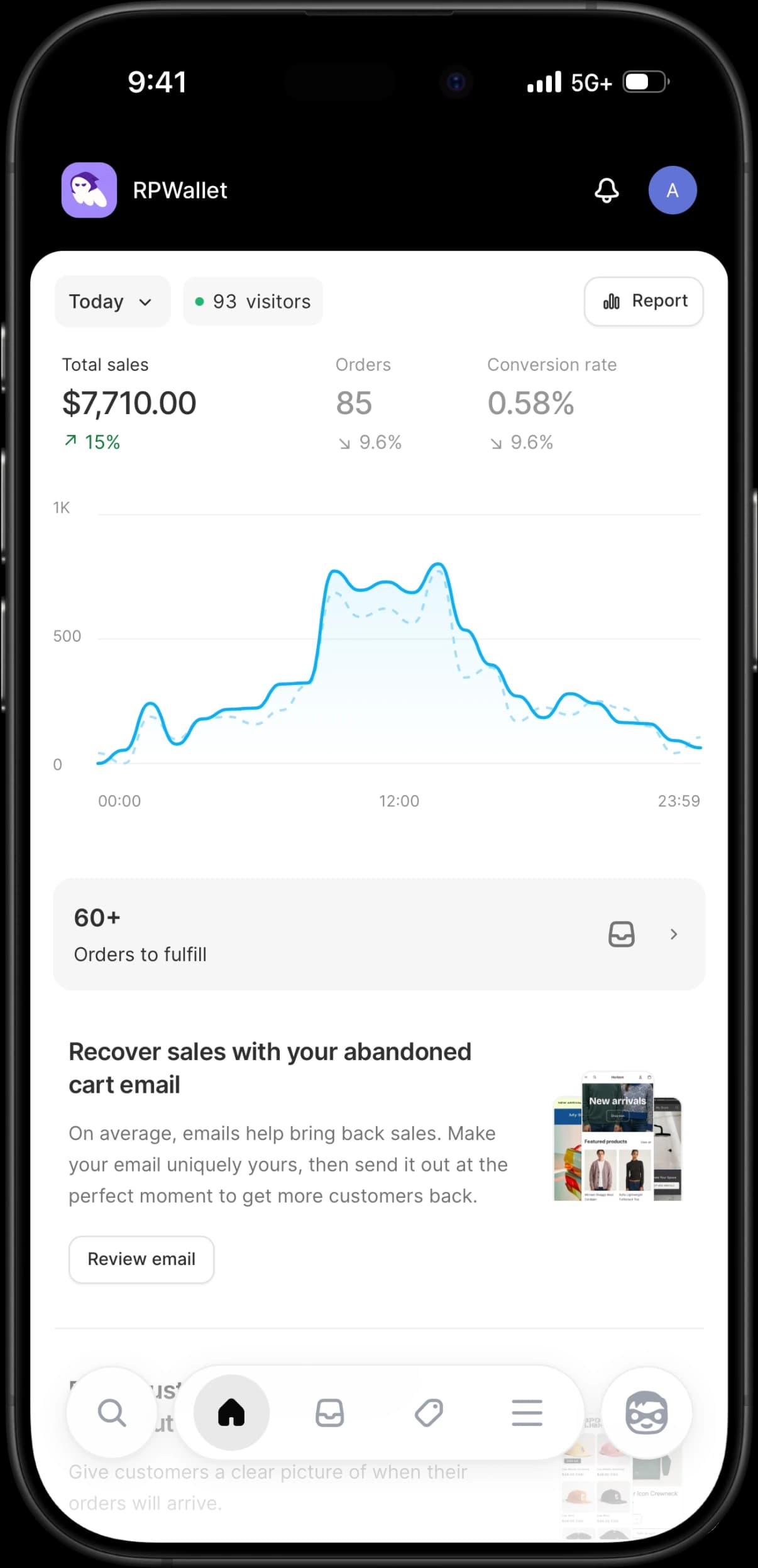 Shopify-style fictional store dashboard in RP Wallet